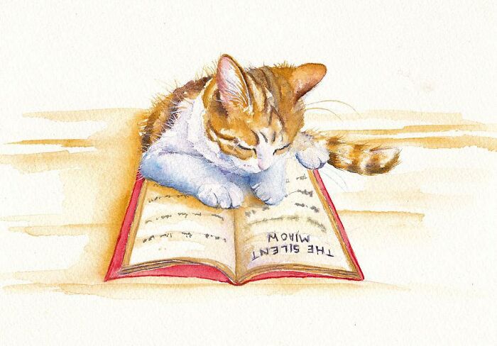 Watercolor cat-themed artwork of a cat lying on an open book titled The Silent MIAOW in soft tones.