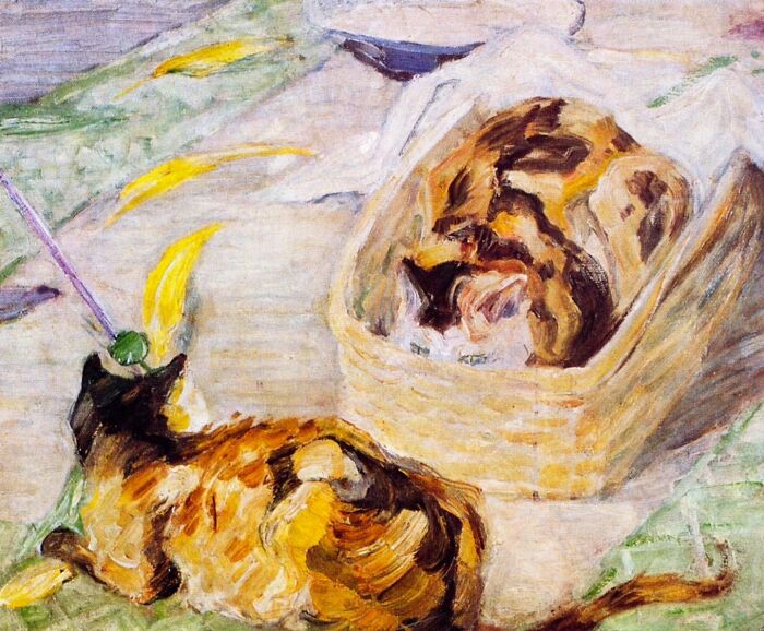 Impressionist cat-themed artwork showing two cats resting, one curled in a basket and the other lying nearby on a textured surface.