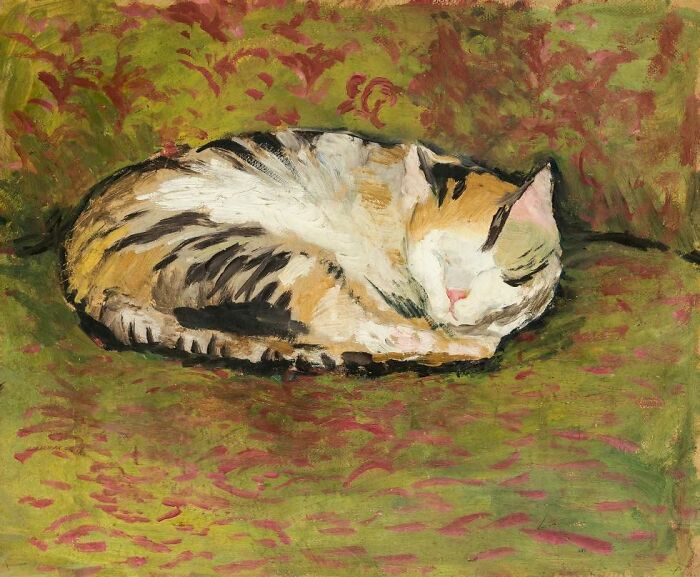Sleeping calico cat curled up on a patterned green and red surface in a classic cat-themed artwork painting.