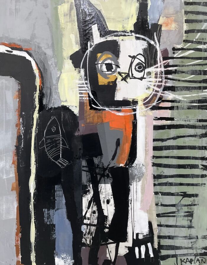 Abstract cat-themed artwork in mixed media with bold colors and geometric shapes, highlighting cat-themed art history and community creativity.