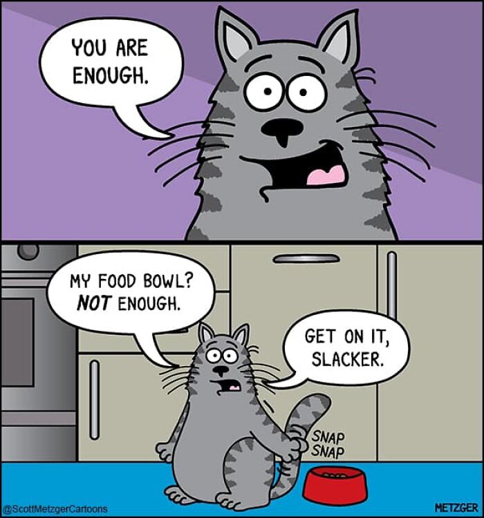 Comic of a gray cat humorously complaining about its food bowl not being enough in a home with cats and dogs.