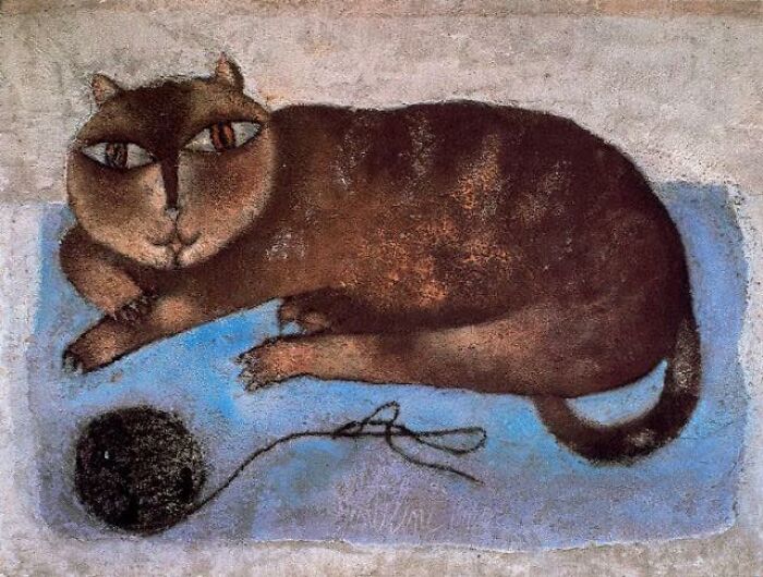 Abstract cat-themed artwork featuring a brown cat lying on a blue background with a ball of yarn nearby.
