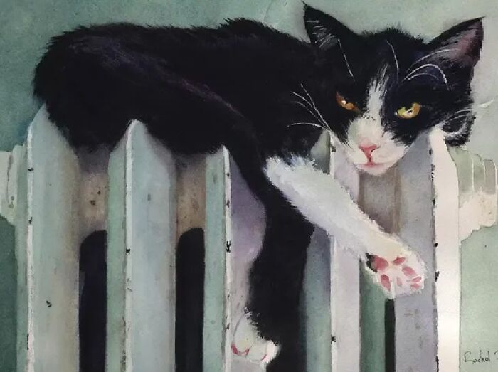 Black and white cat artwork lounging on an old radiator, representing cat-themed artworks throughout history by a community.