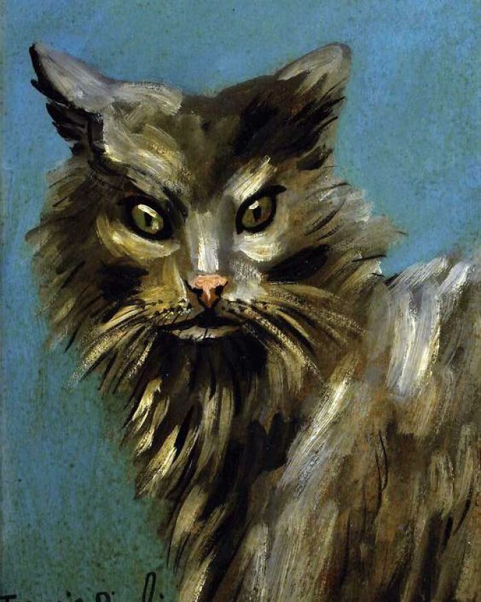 Painting of a cat with detailed fur and expressive eyes, part of cat-themed artworks throughout history collection.