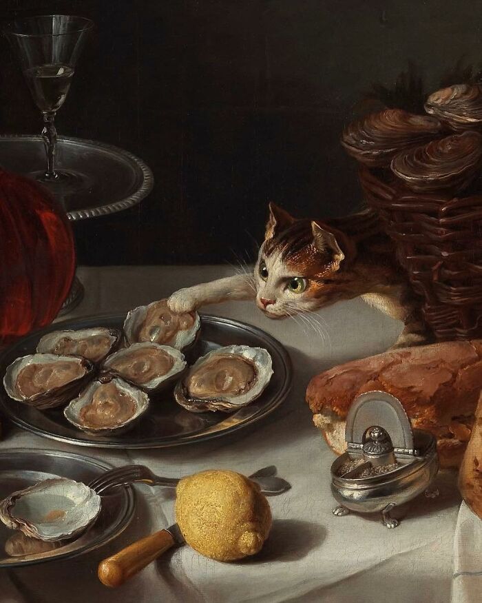 Cat-themed artwork showing a curious cat reaching for oysters on a detailed still life table setting.