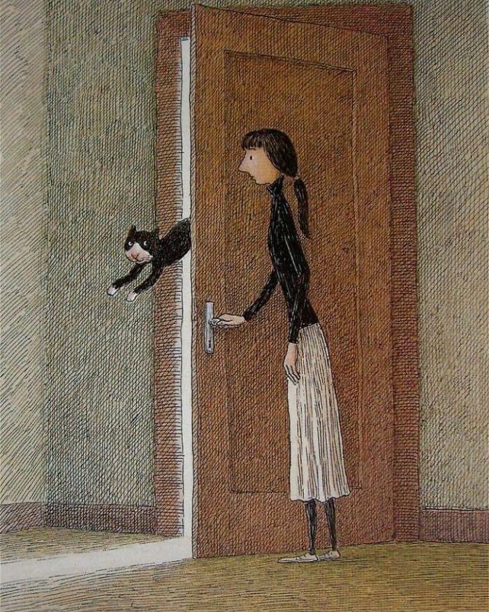 Illustration of a woman opening a door with a black and white cat jumping through, showcasing cat-themed artworks.