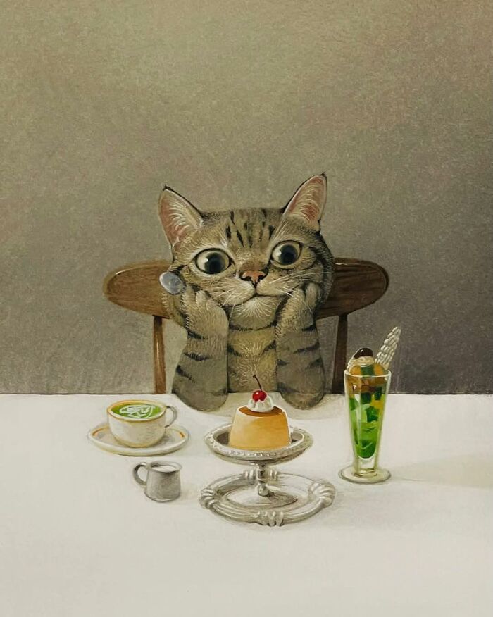 Cat-themed artwork of a curious cat with big eyes sitting at a table with dessert and drinks in a historical art style.