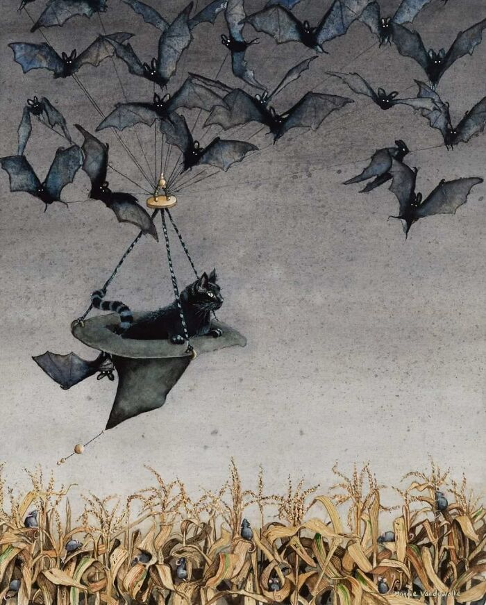 Surreal cat-themed artwork featuring a black cat flying above a field with bats and crows in a dark sky.
