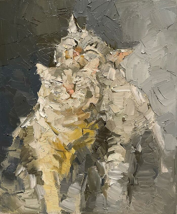 Impressionistic oil painting of two cats close together featuring textured brushstrokes in muted tones, cat-themed artwork.