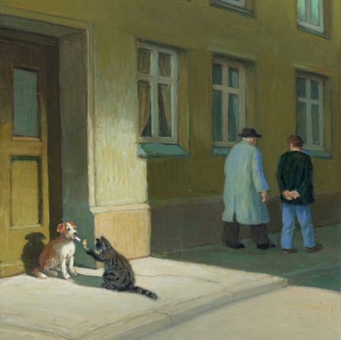 Cat-themed artwork showing a cat and dog interacting on a sidewalk in front of a building with two people walking nearby.