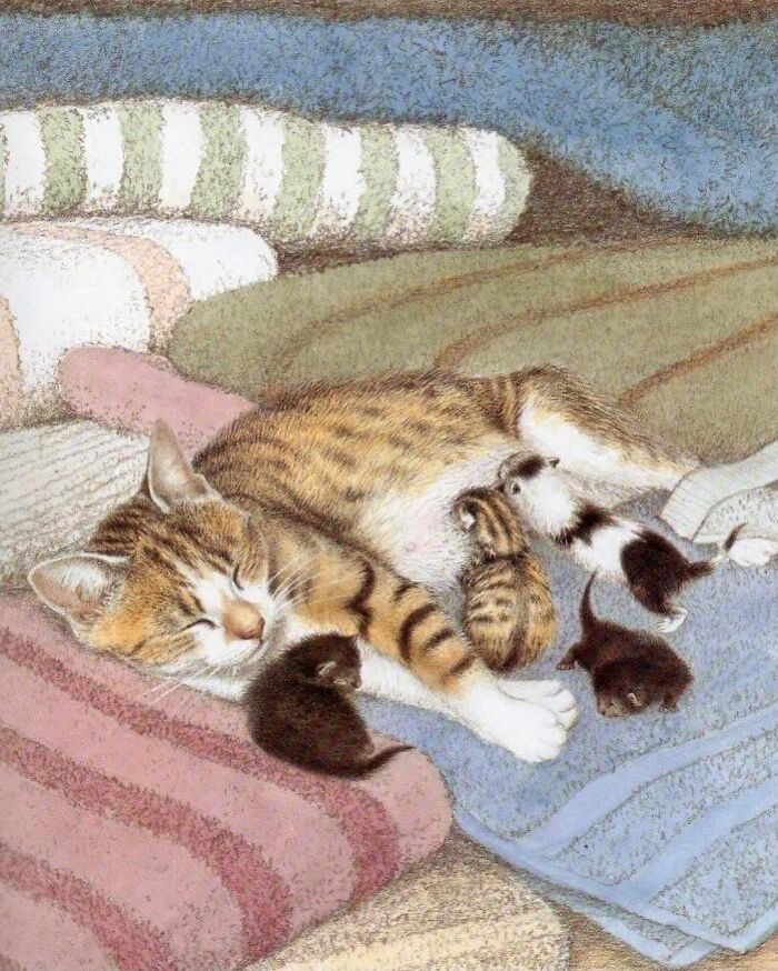 Artwork of a sleeping mother cat nursing her kittens on colorful folded blankets in cat-themed artworks throughout history.