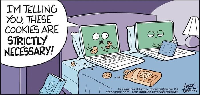 Two cartoon laptops in bed, one eating cookies saying they're strictly necessary in a humorous tech comic.