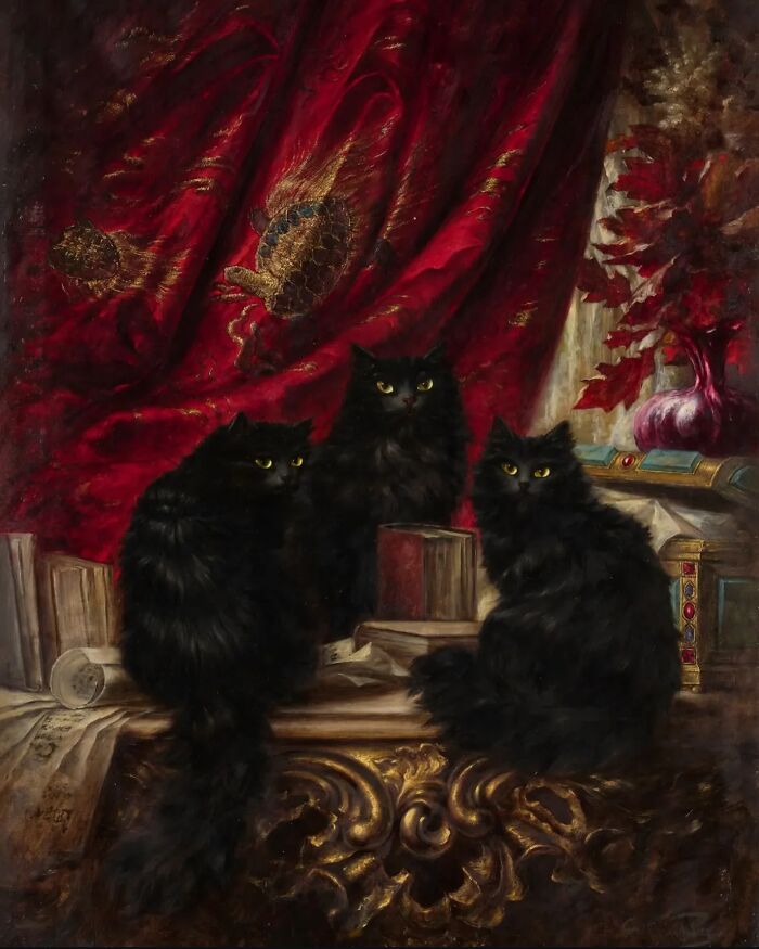 Three black cats with glowing eyes sitting among books and red drapery in a classic cat-themed artwork throughout history.