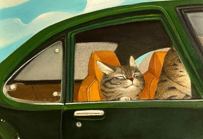 Cat-themed artwork showing a content tabby cat sitting in the passenger seat of a green vintage car with orange seats.