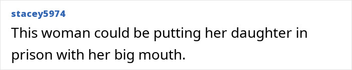 Screenshot of a social media comment by user stacey5974 discussing a woman potentially risking imprisonment.