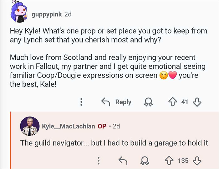 Conversation screenshot showing Kyle MacLachlan from Twin Peaks answering a fan's question about a cherished L***h set prop.