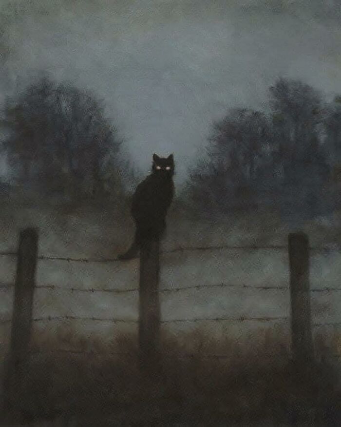 Black cat with glowing eyes perched on a fence post in a foggy, dark landscape, cat-themed artwork illustration.