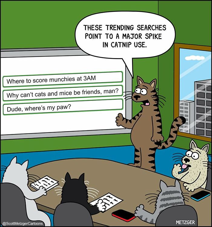 Cartoon cats sharing a home, discussing trending searches about catnip use and cat behavior in a meeting room.