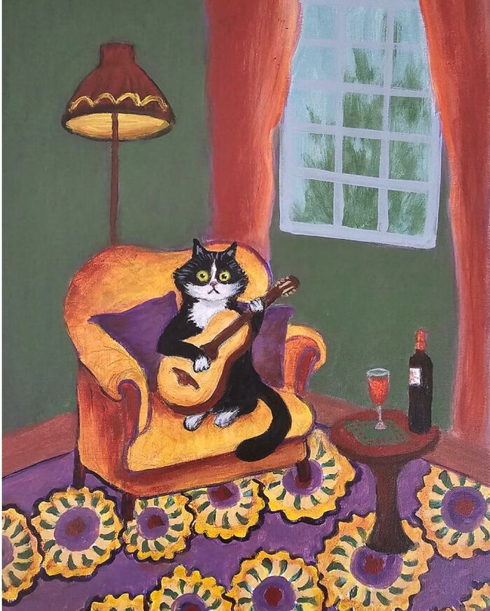 Cat-themed artwork of a black and white cat playing guitar in a colorful room with a floral carpet and wine bottle.