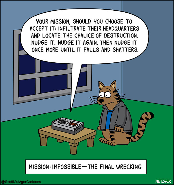 Comic of a cat dressed as a spy, humorously depicting life sharing a home with cats and dogs.