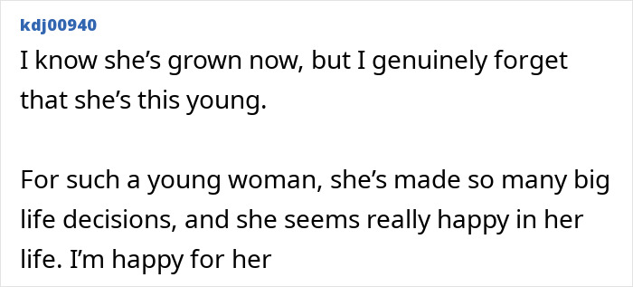 Comment expressing surprise at Millie Bobby Brown&rsquo;s young age and happiness despite big life decisions.