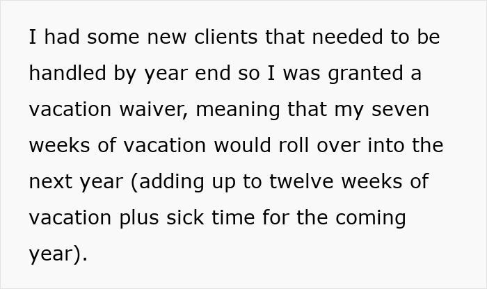 Text excerpt about new clients and vacation waiver, illustrating top employee delivering record results despite excuses instead of bonus.