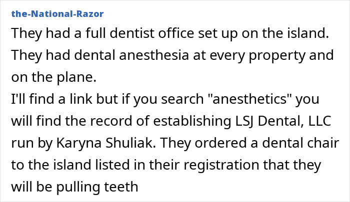 Text excerpt discussing a dentist office and dental anesthesia set up on Epstein Island during FBI probe.