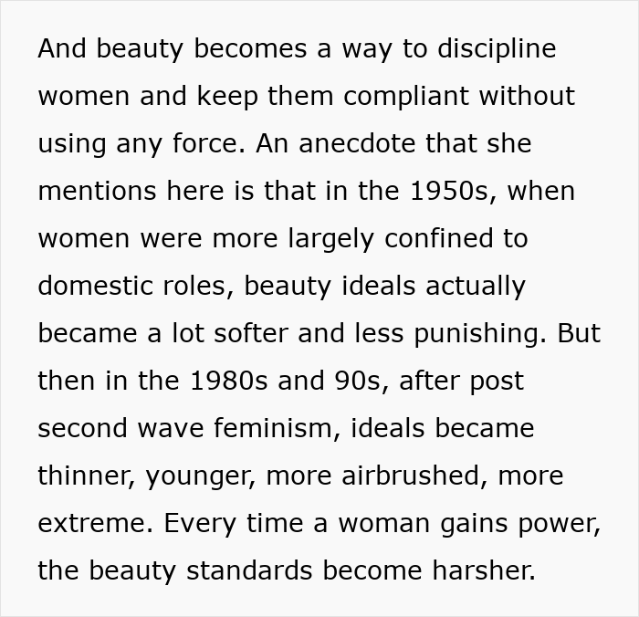 Text explaining how beauty standards have been used as a way to discipline women and how these standards have become harsher over time. Text explaining how beauty standards have been used as a way to discipline women and how these standards have become harsher over time.