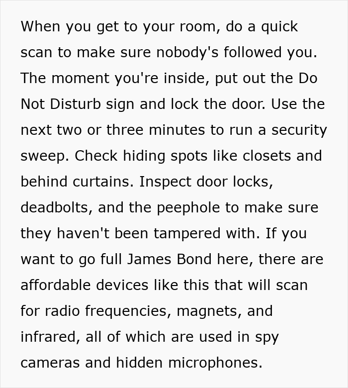 Text detailing safety tips for women from a former FBI agent, including room security checks and detecting hidden surveillance.