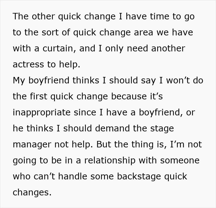 Text excerpt discussing an actress’s boyfriend unable to handle quick changes backstage in front of other men.