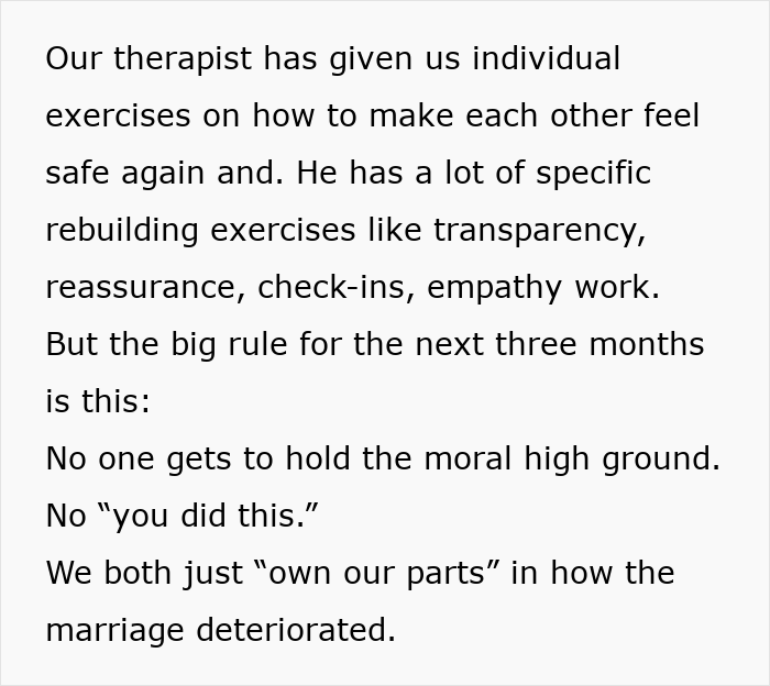 Text discussing therapist&rsquo;s exercises for rebuilding trust after cheating husband with a fair therapist&rsquo;s guidance.