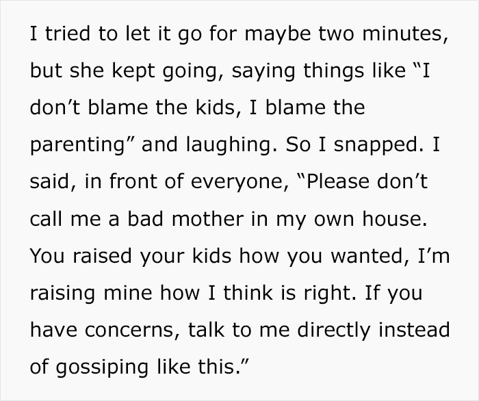 Text excerpt about a woman confronting MIL after being shamed about parenting in front of everyone.