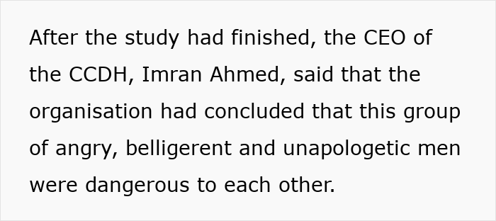 Text excerpt from a study on incel forums with a quote from CCDH CEO Imran Ahmed about dangerous men.