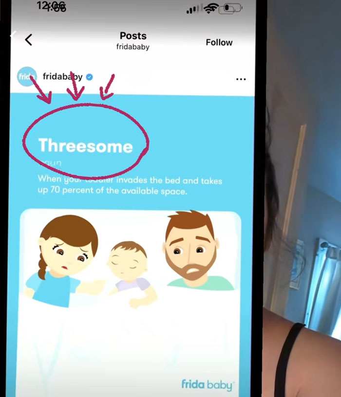 Screenshot of Frida Mom social media post with cartoon family in bed, highlighting inappropriate marketing causing online chaos.