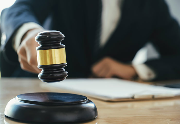 Judge holding a gavel in a courtroom symbolizing legal actions involving a woman, her late brother's baby, and family drama.
