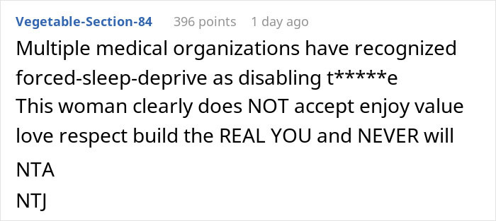 Text post from Vegetable-Section-84 discussing how multiple medical organizations recognize forced sleep deprivation as disabling, criticizing a woman who disrupts her boyfriend&rsquo;s sleep.