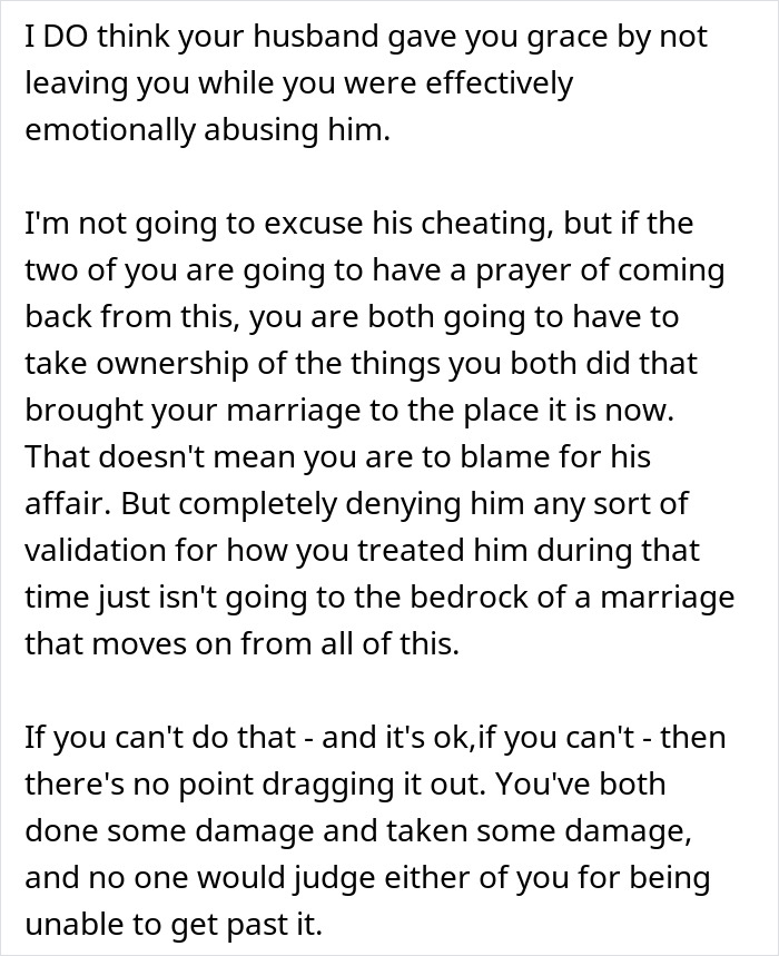 Text from fair therapist offering a reality check to woman about cheating husband and their marriage issues.