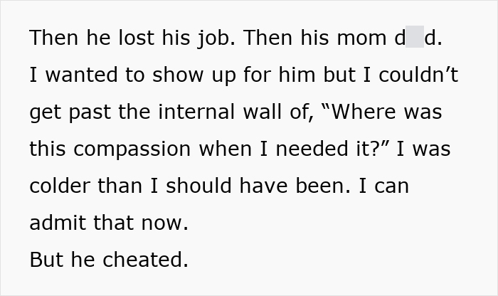 Text excerpt showing a woman reflecting on lost compassion and admitting her cheating husband after his hardships.