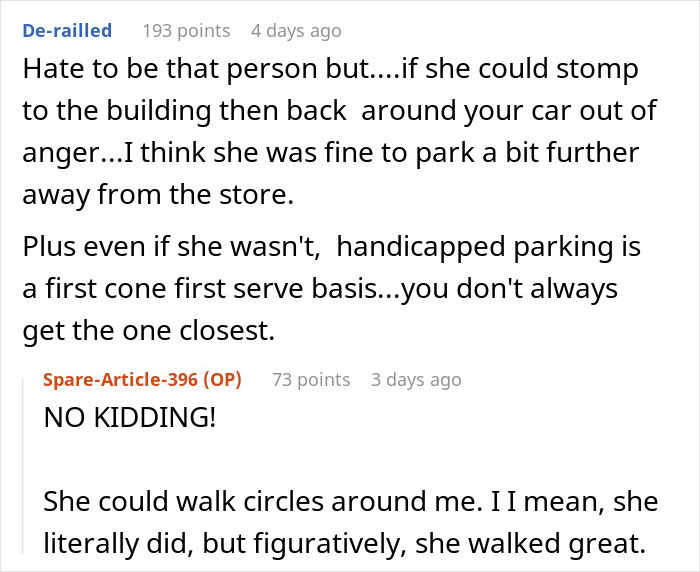 Online discussion about a person dealing with handicapped spot drama after confrontation with an entitled lady.