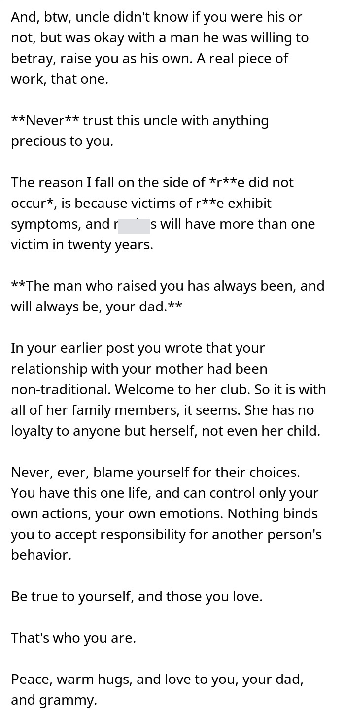 Text message discussing family betrayal and complex emotions after one DNA test reveals uncle is actually dad.