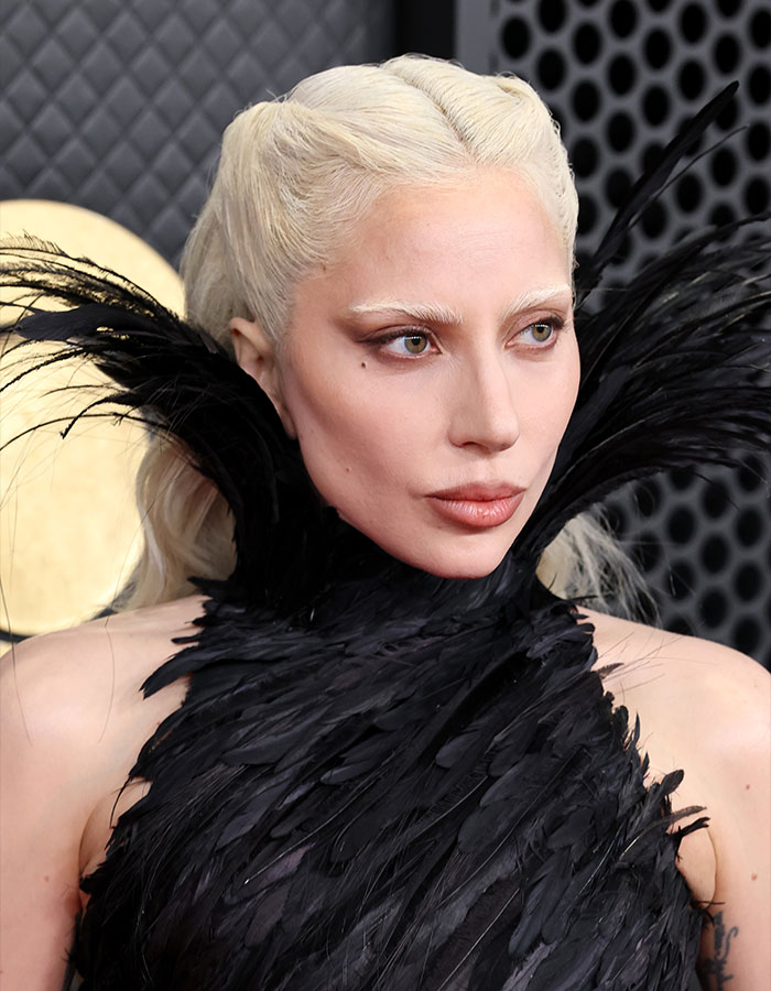 Lady Gaga in a black feathered outfit with platinum blonde hair amid Epstein ties chatter during Grammy performance.