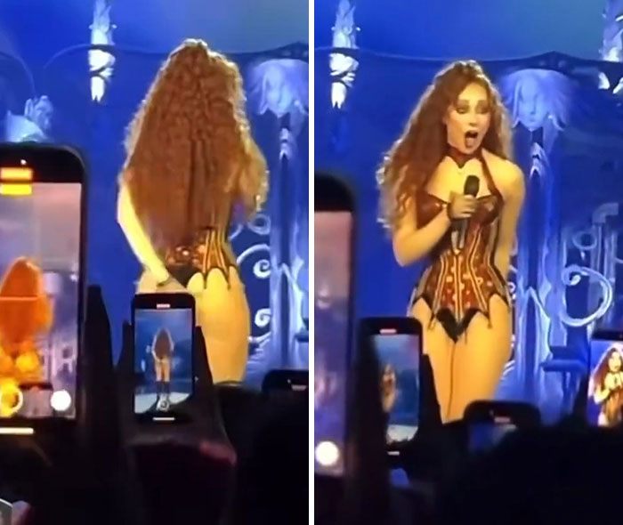 Chappell Roan performing on stage wearing a bold corset outfit with long curly hair, causing a brain malfunction moment.