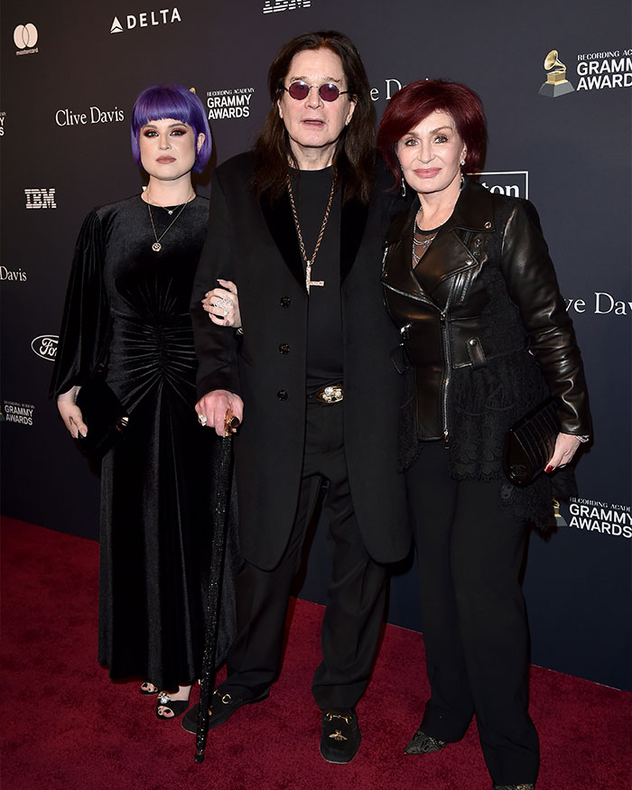 Kelly Osbourne on the red carpet with dark velvet dress and purple hair, drawing Hollywood attention at a music awards event.