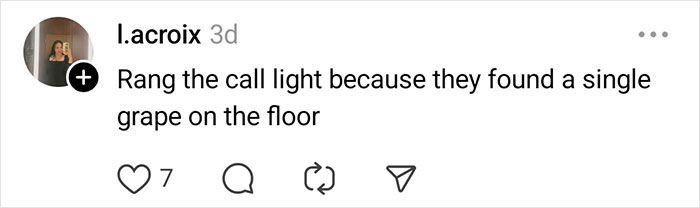 Instagram post showing a flight attendant sharing an unhinged passenger story about calling for a grape on the floor.