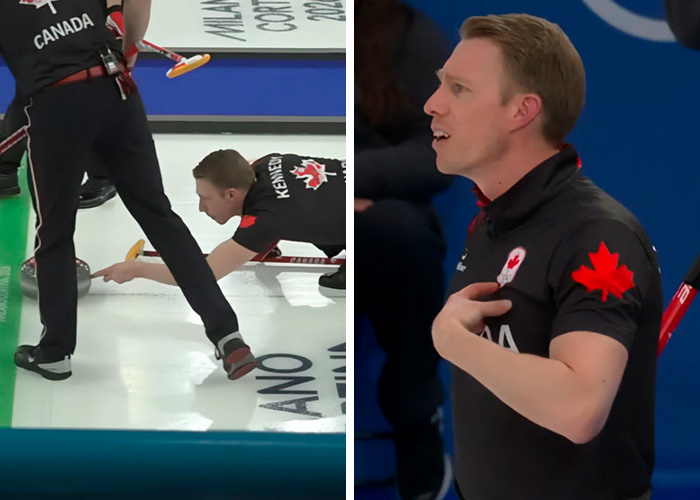 Canadian curling team member delivering a stone and reacting during a 2026 Winter Olympics match, capturing bizarre moments.
