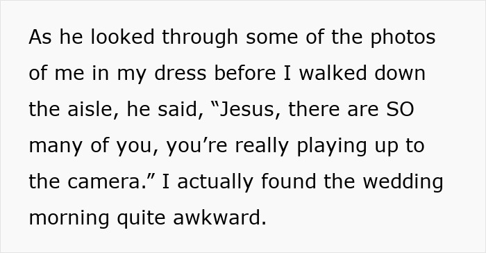 Text excerpt describing wife hurt about husband&rsquo;s reaction to her wedding look feeling awkward and playing up to the camera.