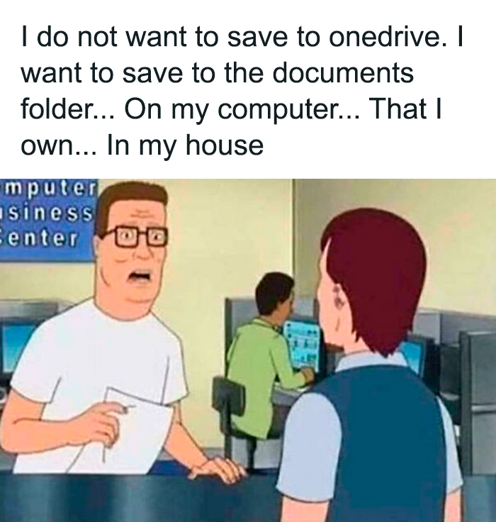 Cartoon character frustrated about saving files on computer, highlighting relatable Gen X nostalgia and back pain humor.