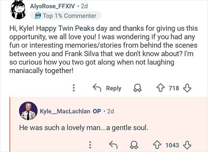 Screenshot of Kyle MacLachlan from Twin Peaks replying to fan questions in an online discussion thread.