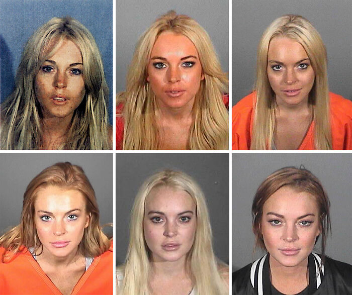 Six mugshots of Lindsay Lohan showing changes over time highlighting the dark side of growing up famous.