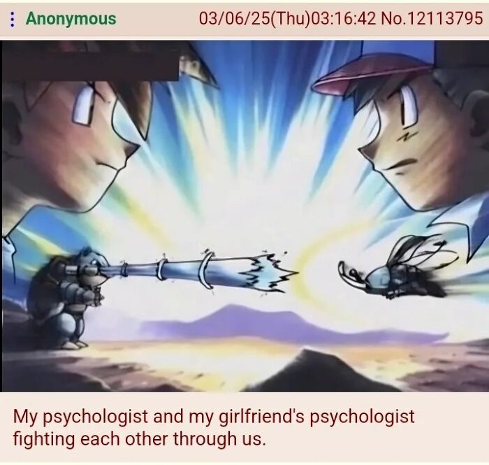 Anime-style characters facing off with humor, illustrating relationship struggles with a hint of cynicism in a meme format.